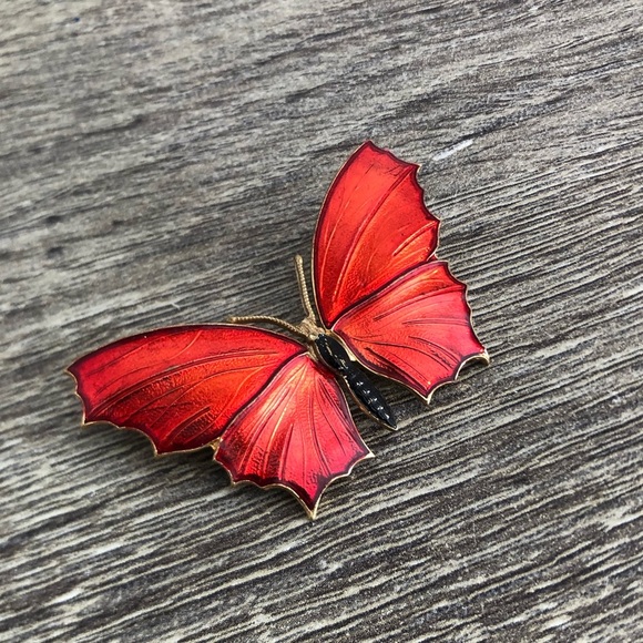 Vtg Red Enamel Butterfly Brooch - Picture 1 of 8